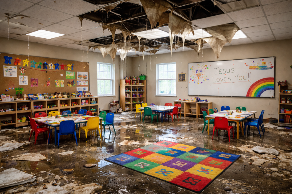 Flooded Sunday school classroom aftermath